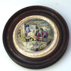An antique framed English Prattware pottery Pot Lid The Fishbarrow C.19thC