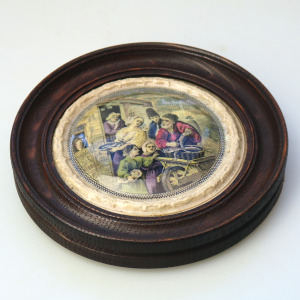 An antique framed English Prattware pottery Pot Lid The Fishbarrow C.19thC