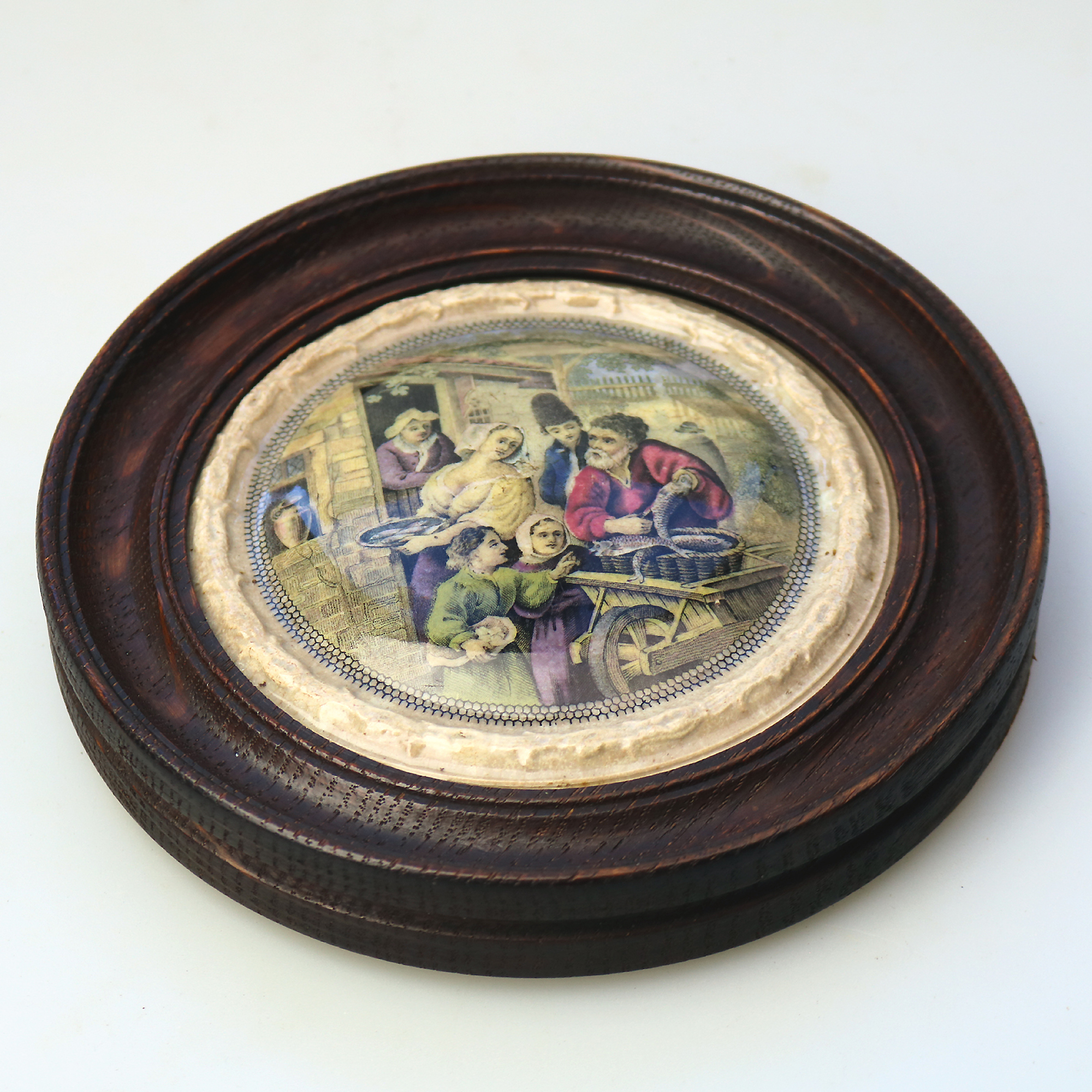 An antique framed English Prattware pottery Pot Lid The Fishbarrow C.19thC