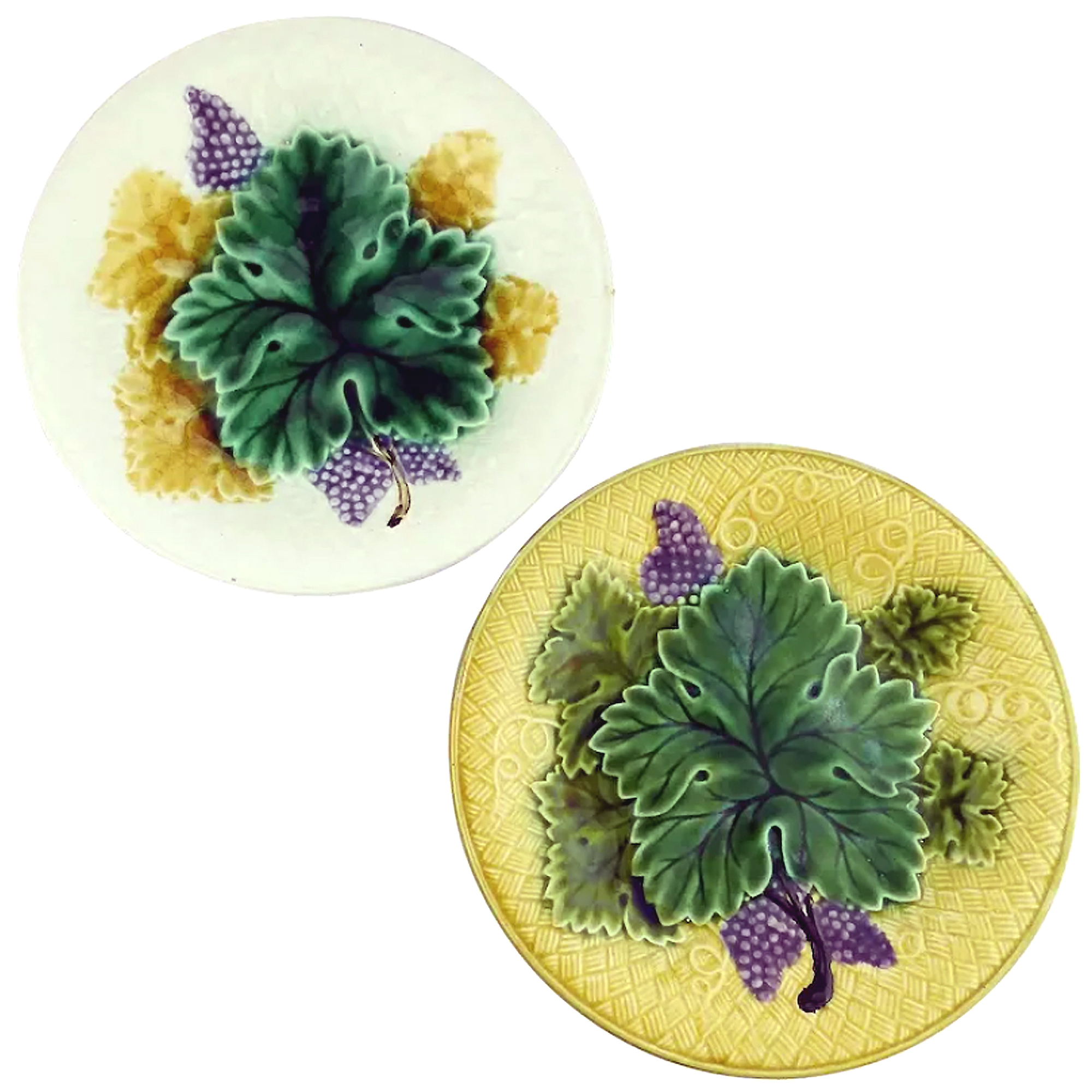 A pretty pair 2X antique Victorian majolica pottery grape & leaf Plates C.19thC