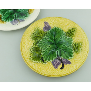 A pretty pair 2X antique Victorian majolica pottery grape & leaf Plates C.19thC