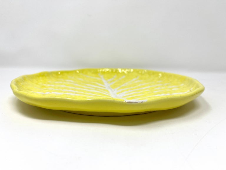 Vintage Portuguese Secla Majolica Lettuce Leaf Lunch Plates, Pair, Lemon Yellow