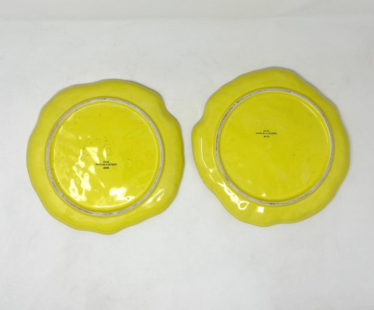 Vintage Portuguese Secla Majolica Lettuce Leaf Lunch Plates, Pair, Lemon Yellow