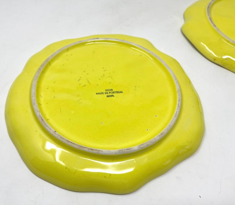 Vintage Portuguese Secla Majolica Lettuce Leaf Lunch Plates, Pair, Lemon Yellow