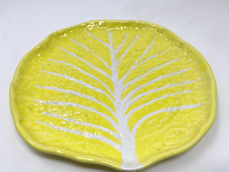 Vintage Portuguese Secla Majolica Lettuce Leaf Lunch Plates, Pair, Lemon Yellow