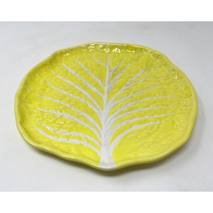 Vintage Portuguese Secla Majolica Lettuce Leaf Lunch Plates, Pair, Lemon Yellow