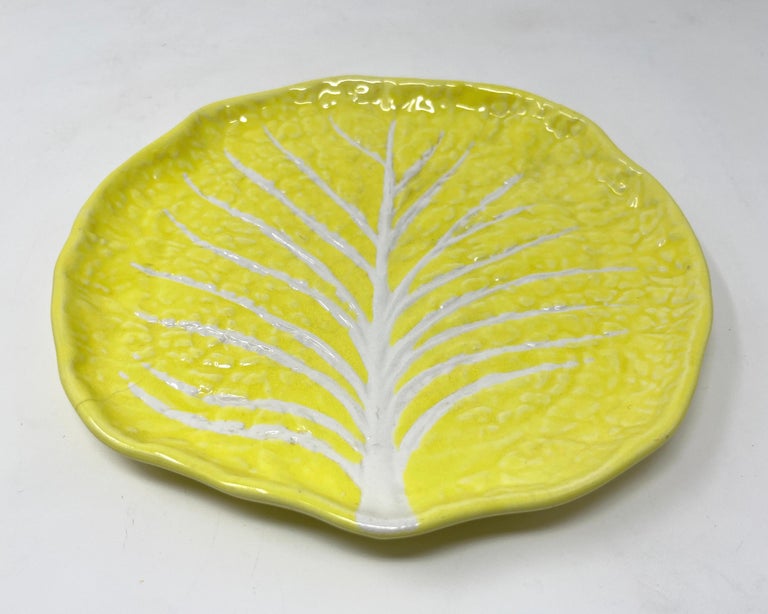 Vintage Portuguese Secla Majolica Lettuce Leaf Lunch Plates, Pair, Lemon Yellow