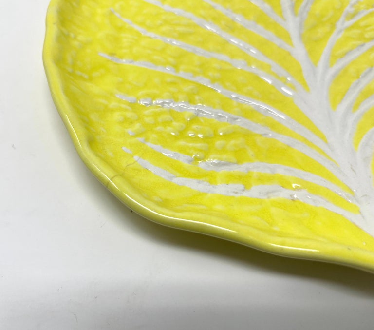 Vintage Portuguese Secla Majolica Lettuce Leaf Lunch Plates, Pair, Lemon Yellow