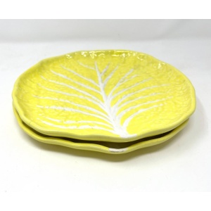 Vintage Portuguese Secla Majolica Lettuce Leaf Lunch Plates, Pair, Lemon Yellow