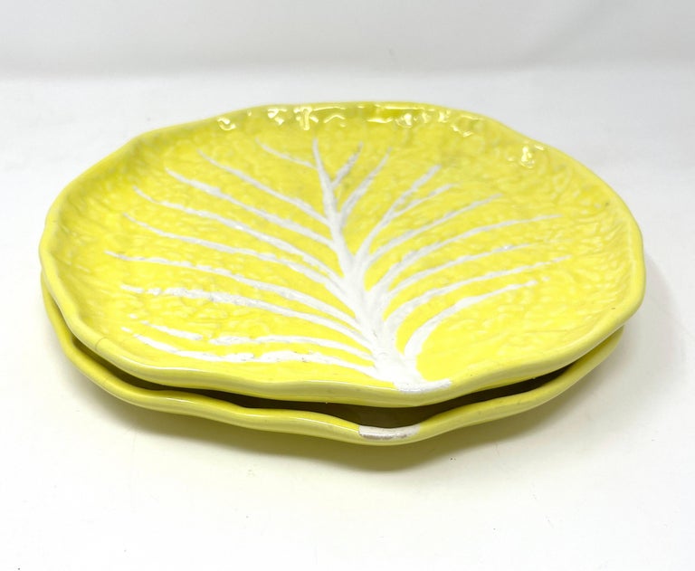 Vintage Portuguese Secla Majolica Lettuce Leaf Lunch Plates, Pair, Lemon Yellow
