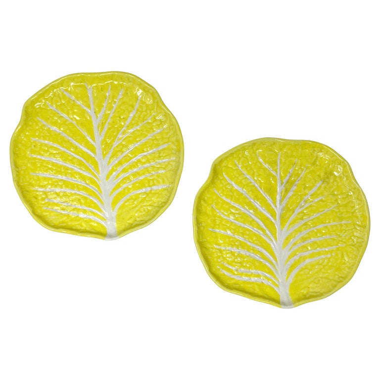 Vintage Portuguese Secla Majolica Lettuce Leaf Lunch Plates, Pair, Lemon Yellow