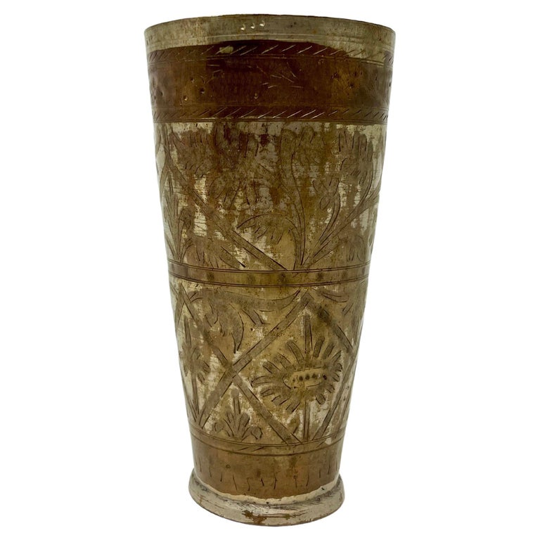 Vintage Silver Plated Brass Engraved Lassi Cup from India