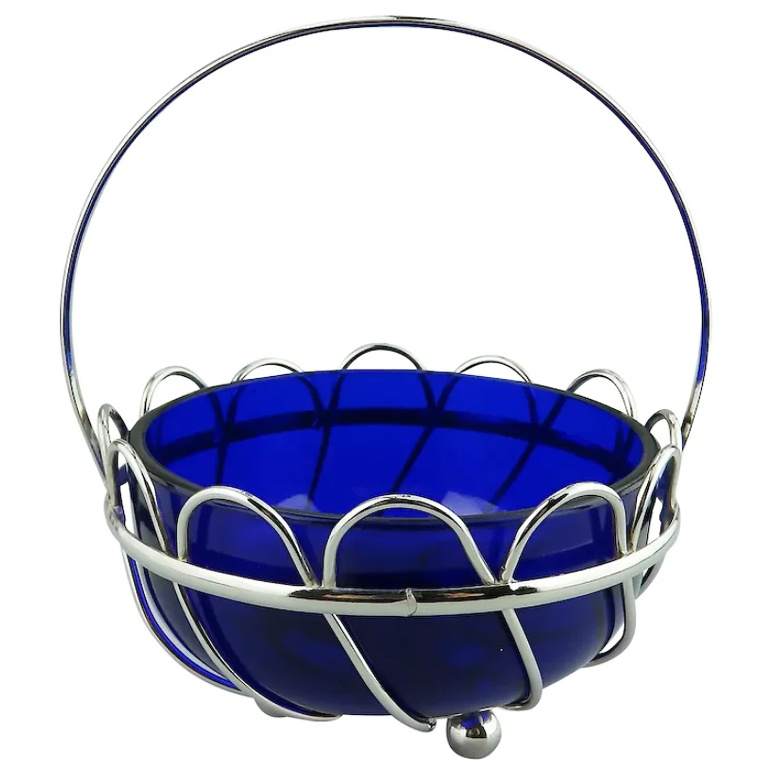 A lovely designer antique cobalt blue glass silvered wired Dish / Bowl C.1900+