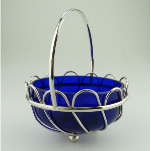 A lovely designer antique cobalt blue glass silvered wired Dish / Bowl C.1900+
