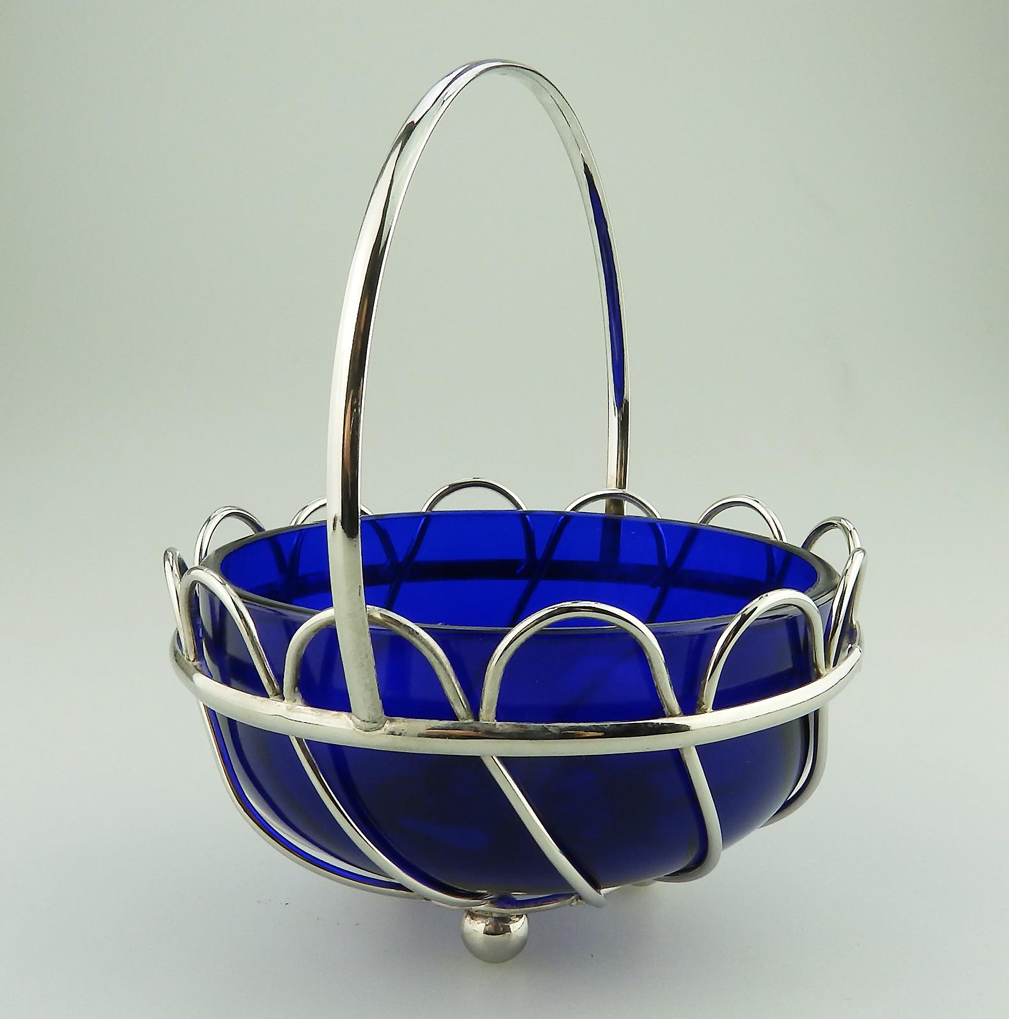 A lovely designer antique cobalt blue glass silvered wired Dish / Bowl C.1900+