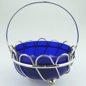 A lovely designer antique cobalt blue glass silvered wired Dish / Bowl C.1900+