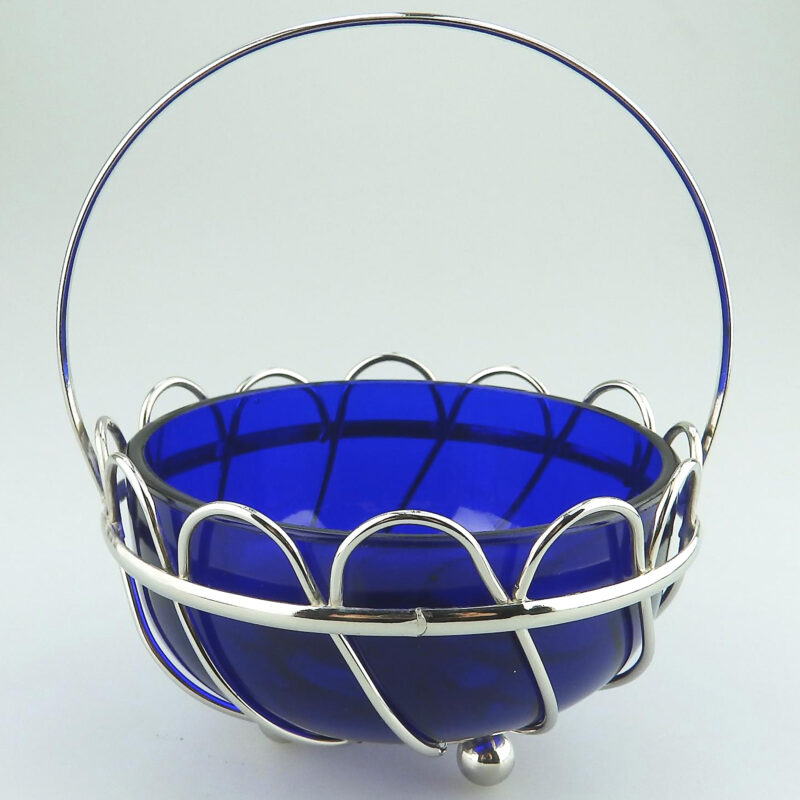 A lovely designer antique cobalt blue glass silvered wired Dish / Bowl C.1900+
