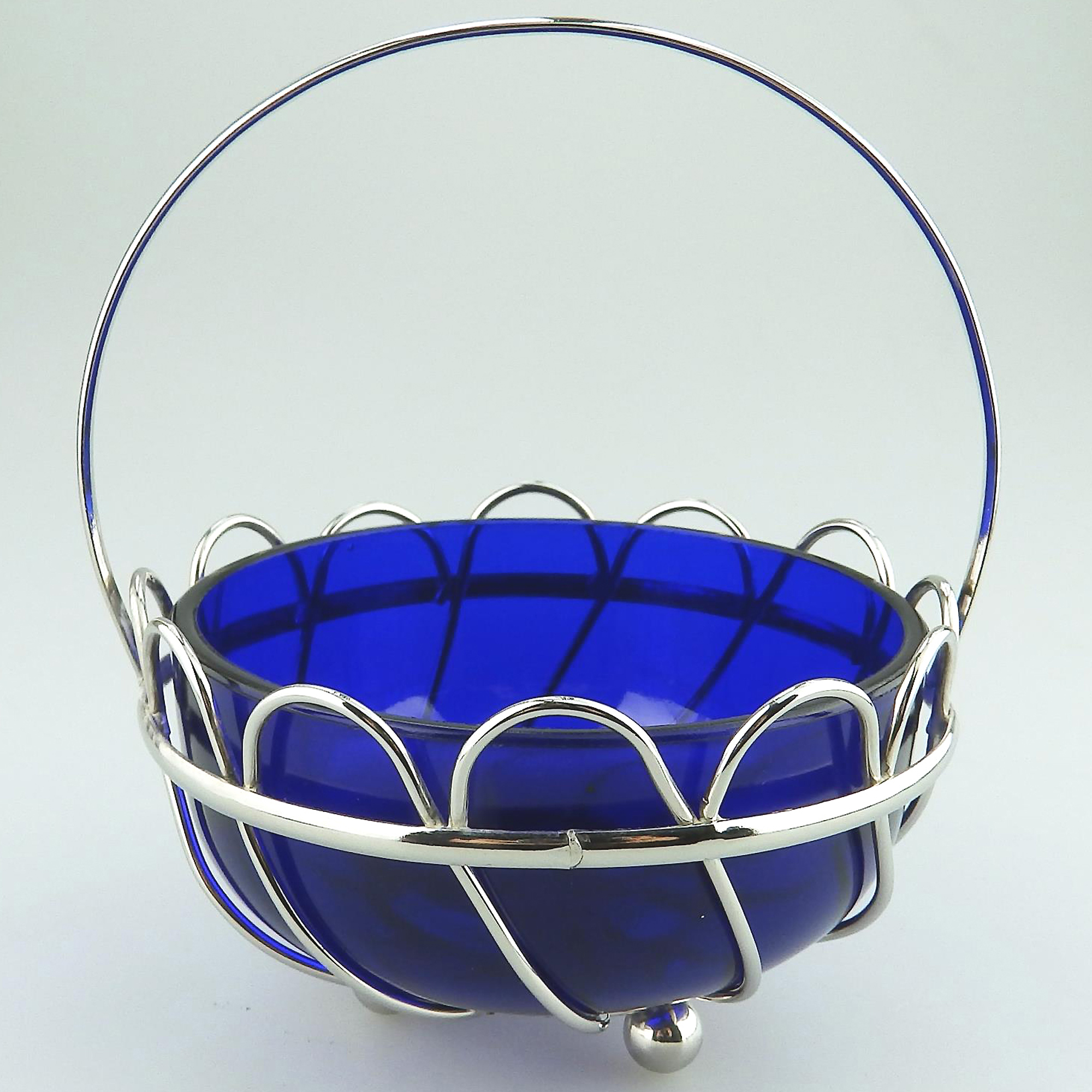 A lovely designer antique cobalt blue glass silvered wired Dish / Bowl C.1900+
