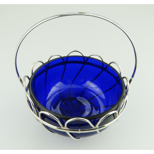 A lovely designer antique cobalt blue glass silvered wired Dish / Bowl C.1900+