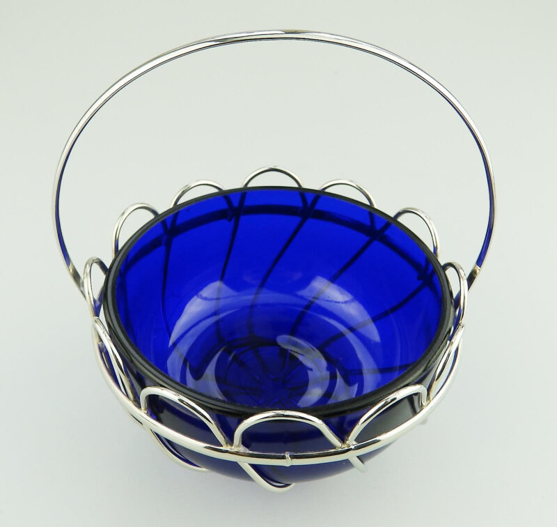 A lovely designer antique cobalt blue glass silvered wired Dish / Bowl C.1900+