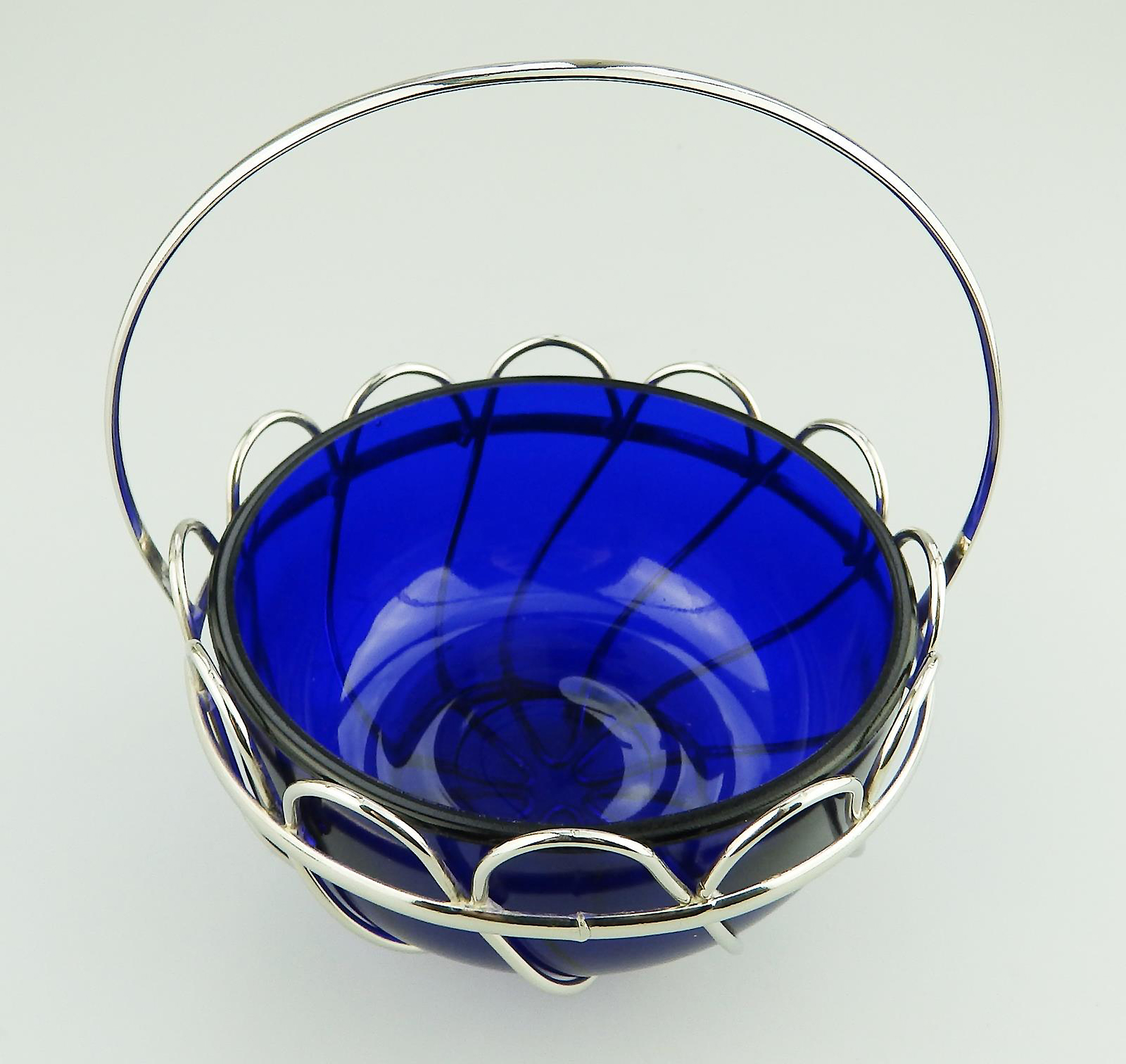 A lovely designer antique cobalt blue glass silvered wired Dish / Bowl C.1900+