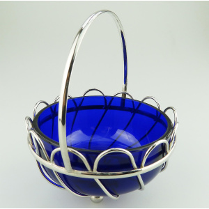 A lovely designer antique cobalt blue glass silvered wired Dish / Bowl C.1900+