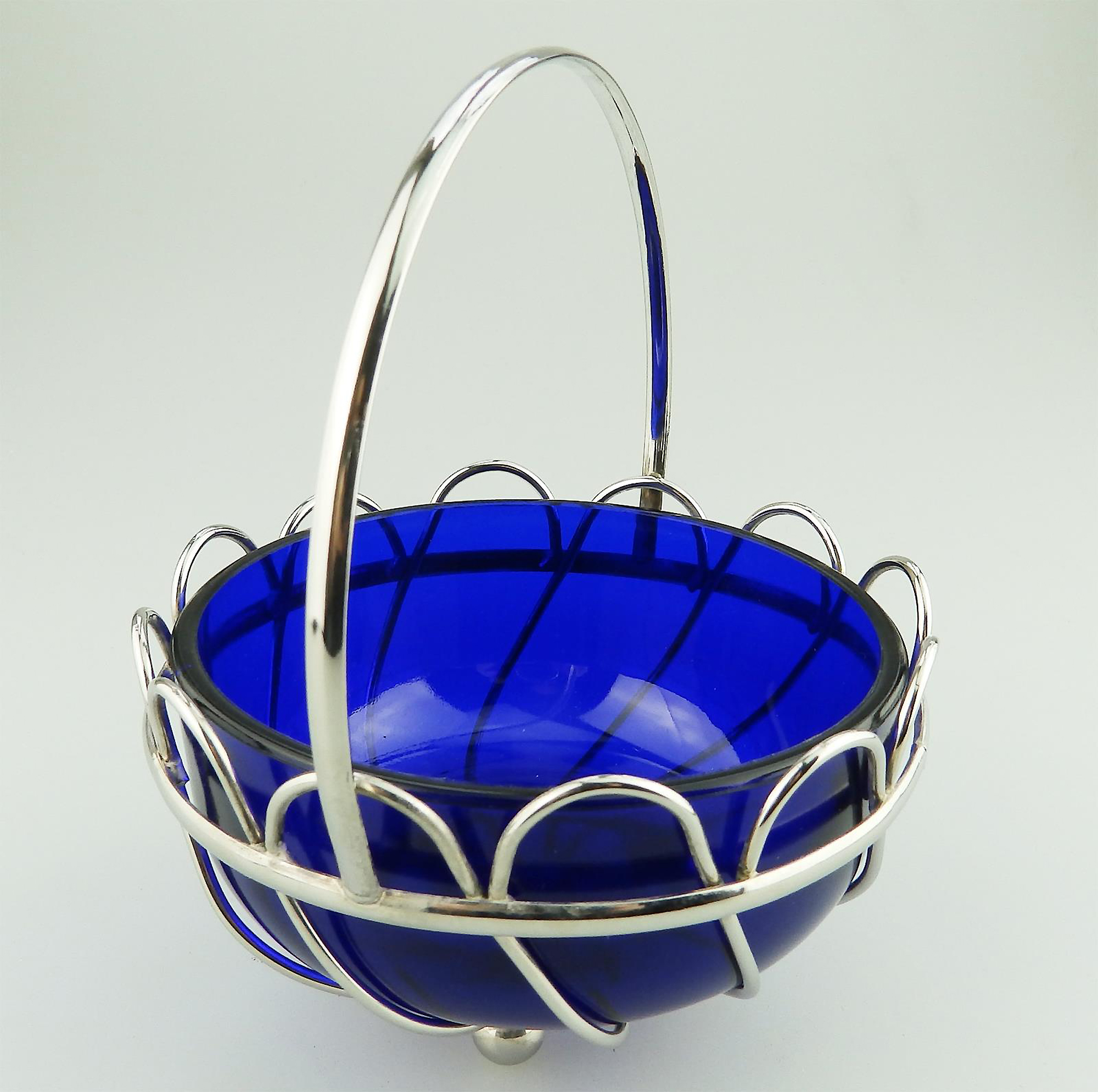 A lovely designer antique cobalt blue glass silvered wired Dish / Bowl C.1900+