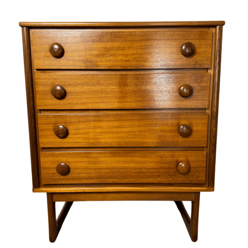 Mid-Century Danish Style Teak & Mahogany Tallboy Chest of Drawers on Sleigh Legs.