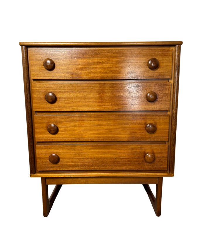 Mid-Century Danish Style Teak & Mahogany Tallboy Chest of Drawers on Sleigh Legs.