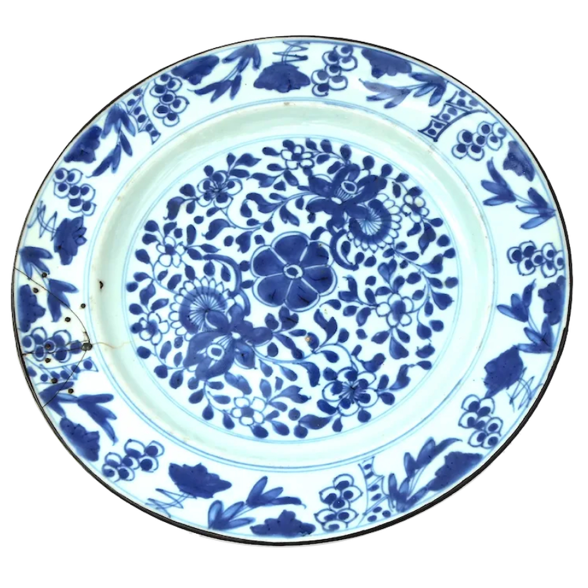 An antique Chinese hand-painted porcelain blue & white Charger C.18thC