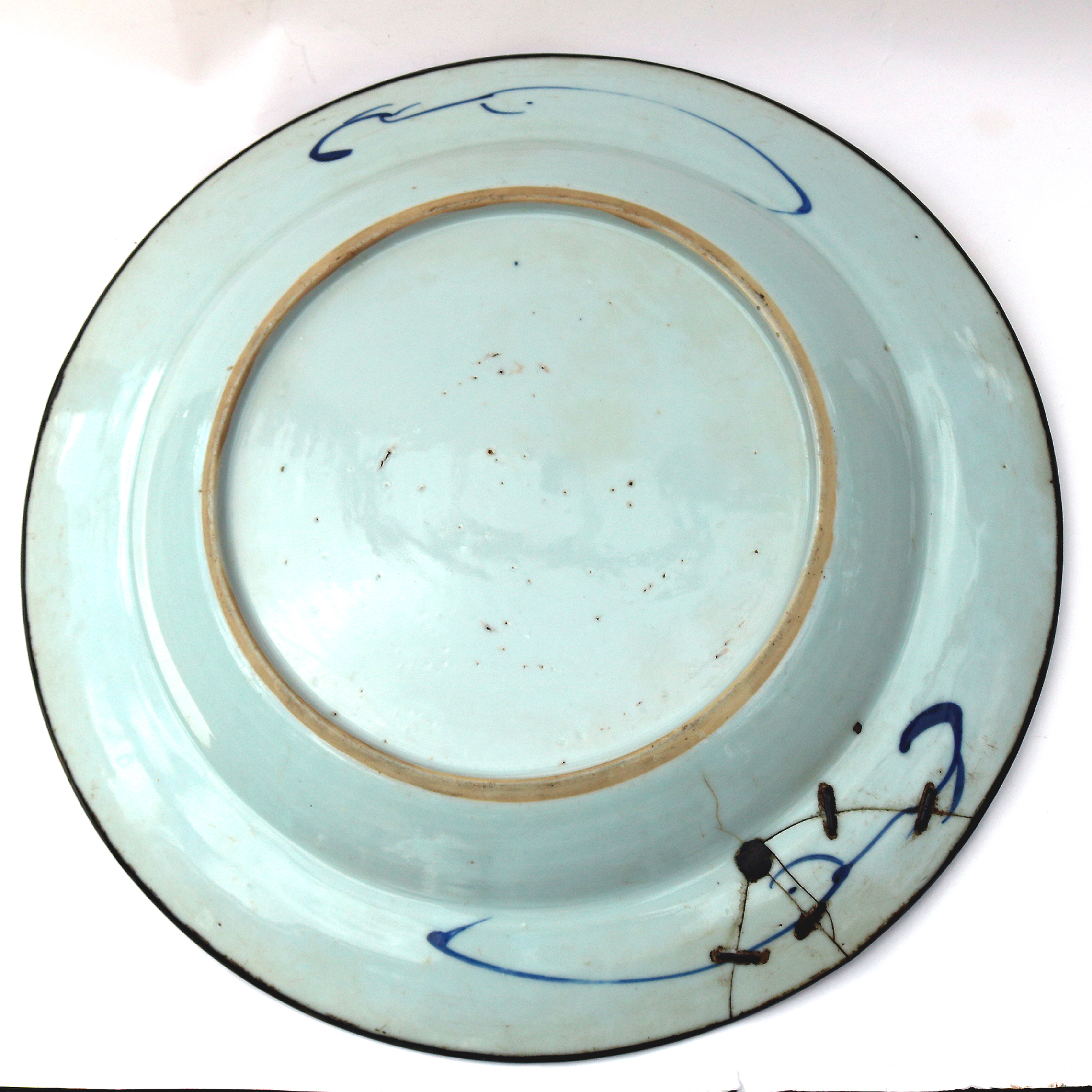 An antique Chinese hand-painted porcelain blue & white Charger C.18thC