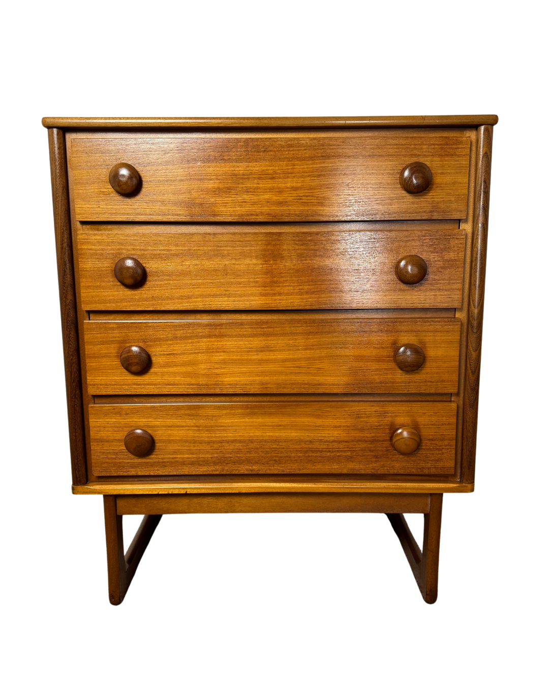 Mid-Century Danish Style Teak & Mahogany Tallboy Chest of Drawers on Sleigh Legs.