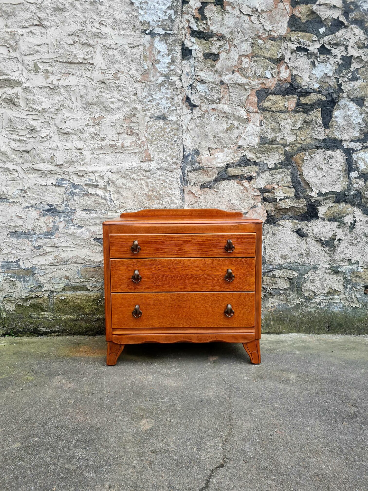 Vintage Lebus 1940s Oak Chest Of Drawers Three Drawer Cabinet Highly Detailed
