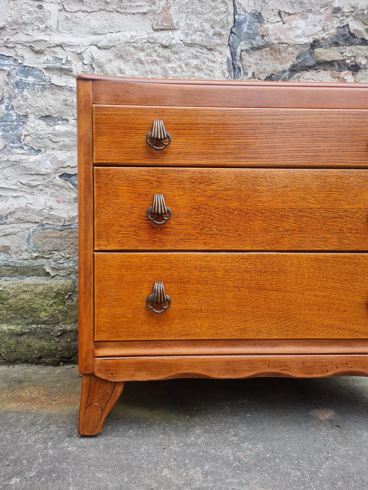Vintage Lebus 1940s Oak Chest Of Drawers Three Drawer Cabinet Highly Detailed