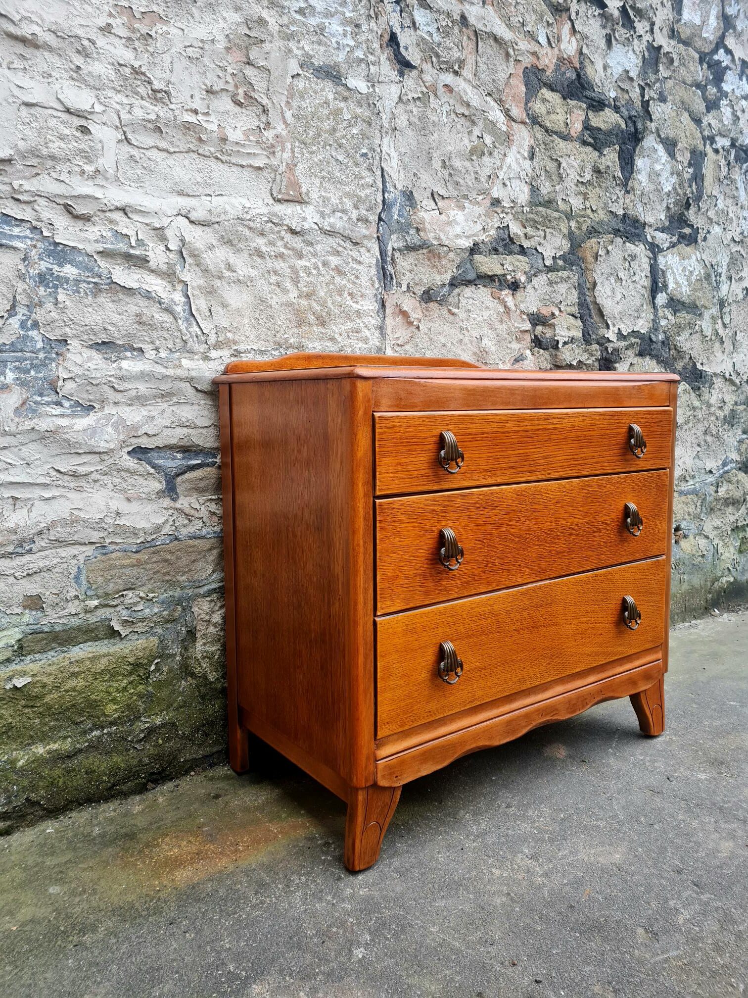 Vintage Lebus 1940s Oak Chest Of Drawers Three Drawer Cabinet Highly Detailed