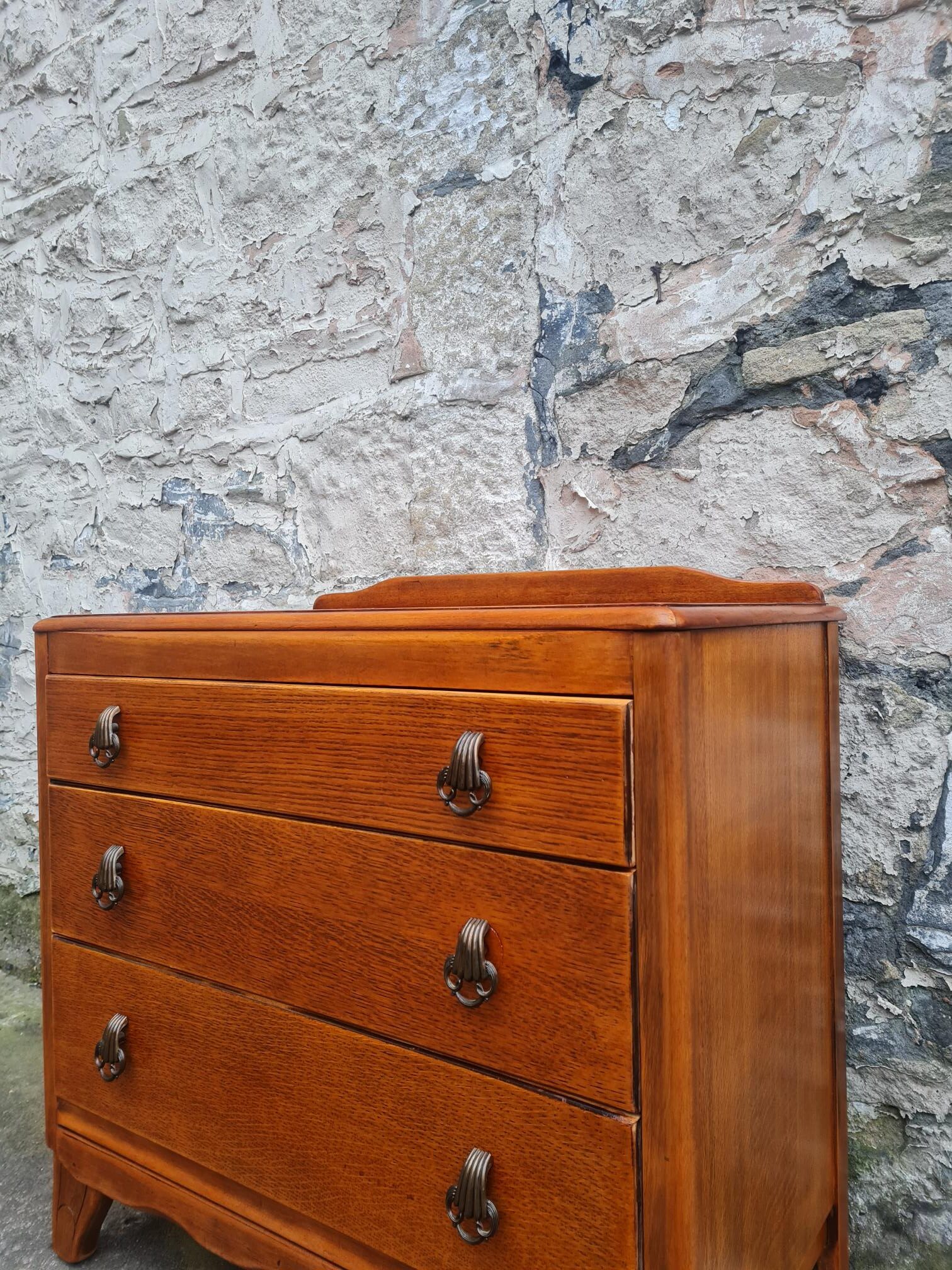 Vintage Lebus 1940s Oak Chest Of Drawers Three Drawer Cabinet Highly Detailed