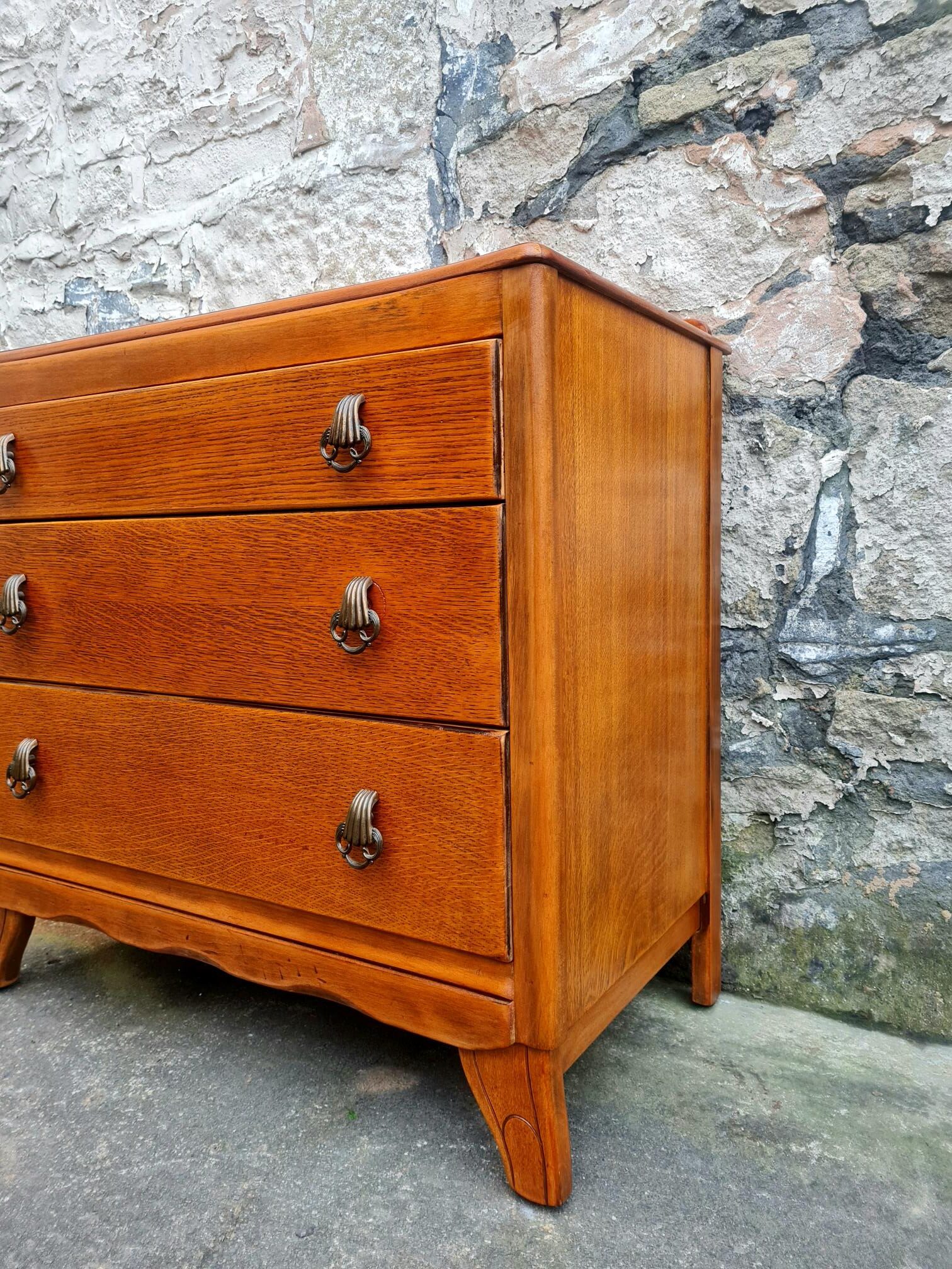 Vintage Lebus 1940s Oak Chest Of Drawers Three Drawer Cabinet Highly Detailed