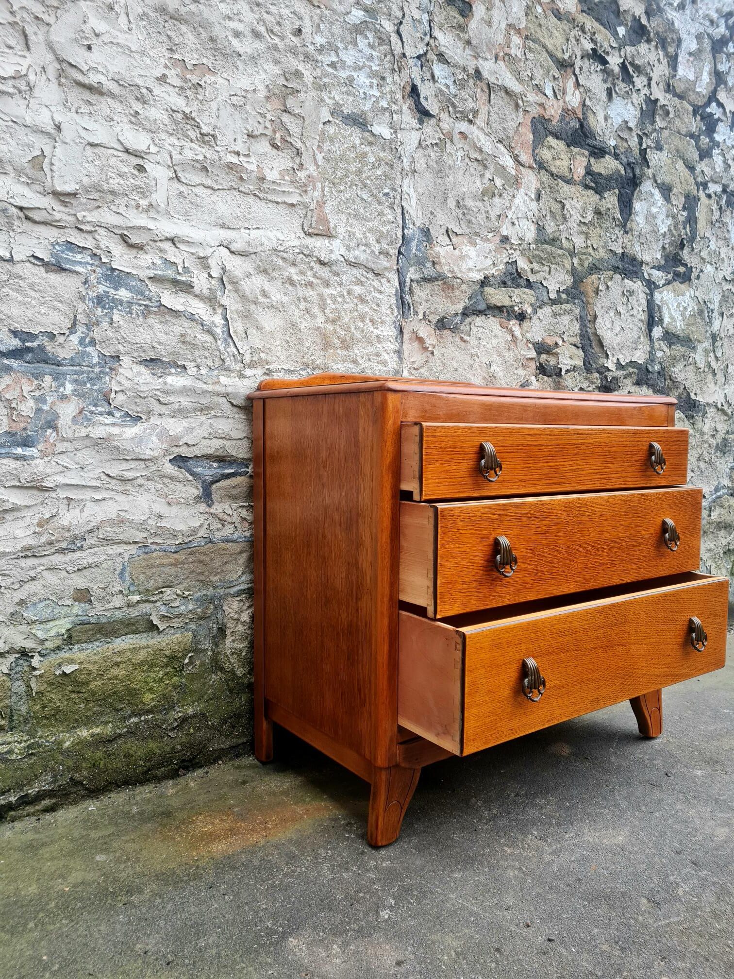 Vintage Lebus 1940s Oak Chest Of Drawers Three Drawer Cabinet Highly Detailed