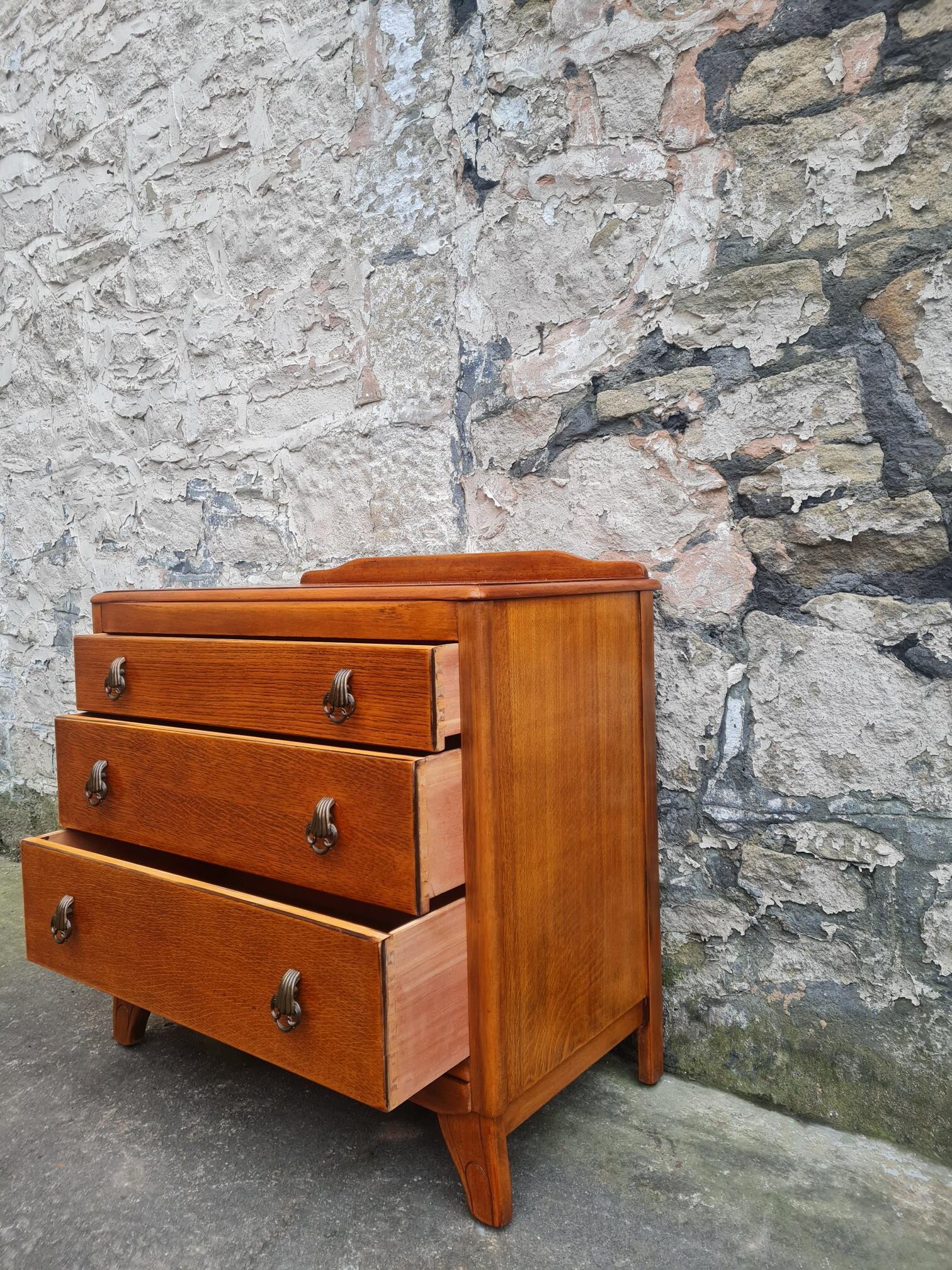 Vintage Lebus 1940s Oak Chest Of Drawers Three Drawer Cabinet Highly Detailed