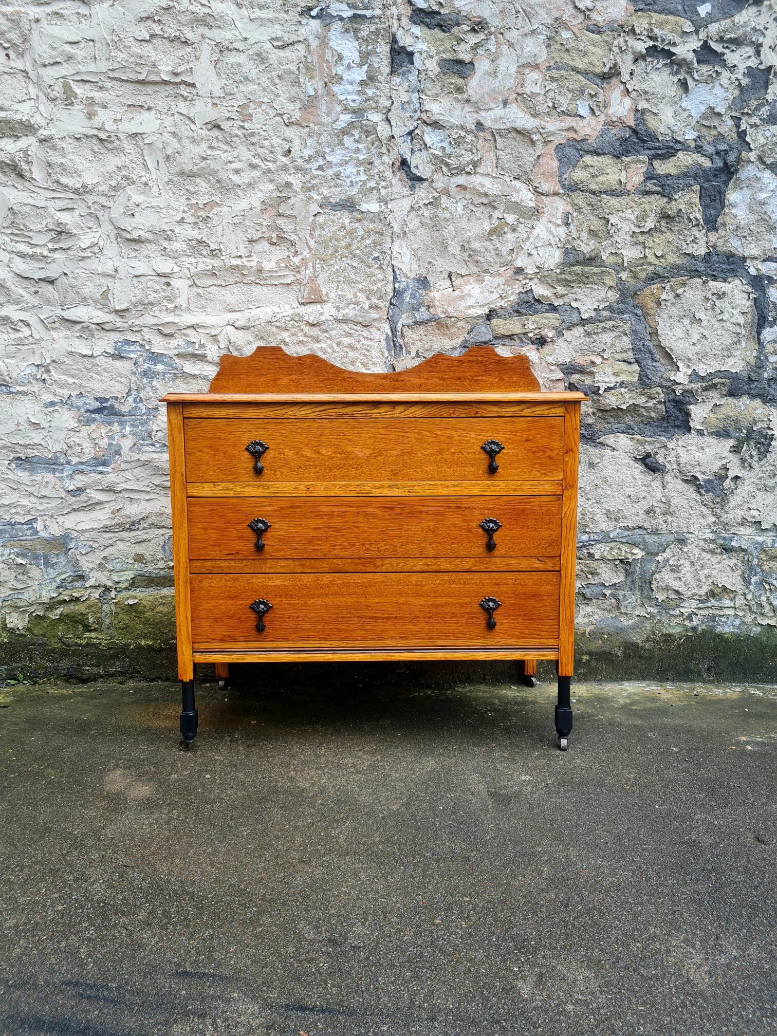 Vintage Oak Chest Of Drawers Three Drawer Cabinet Lovely Ebonised Detailing