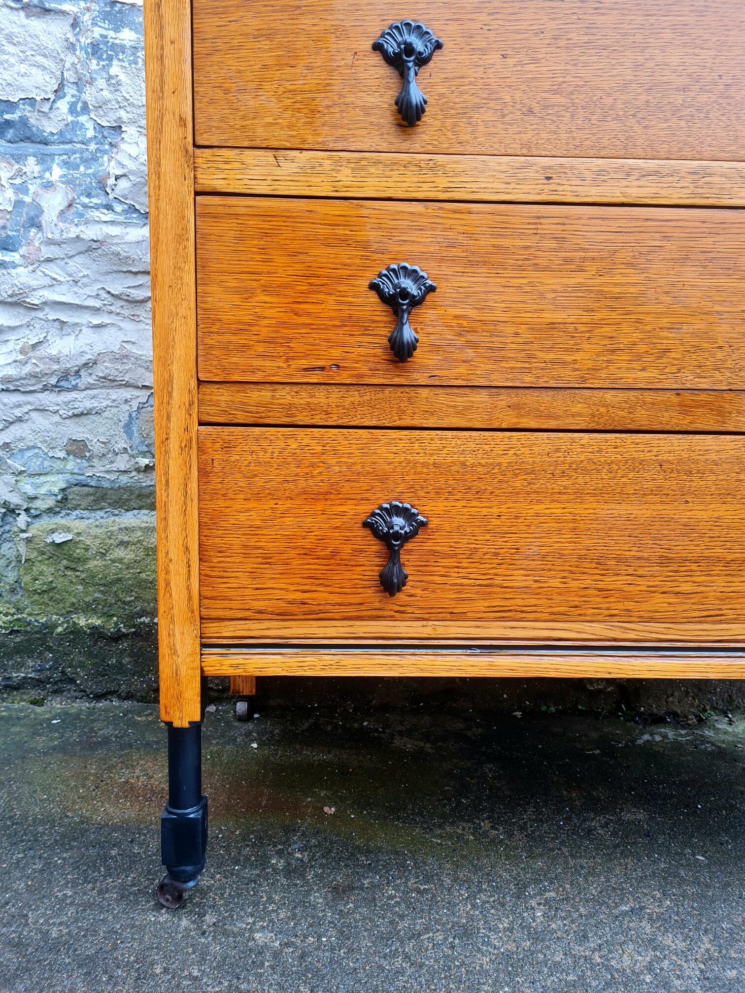 Vintage Oak Chest Of Drawers Three Drawer Cabinet Lovely Ebonised Detailing