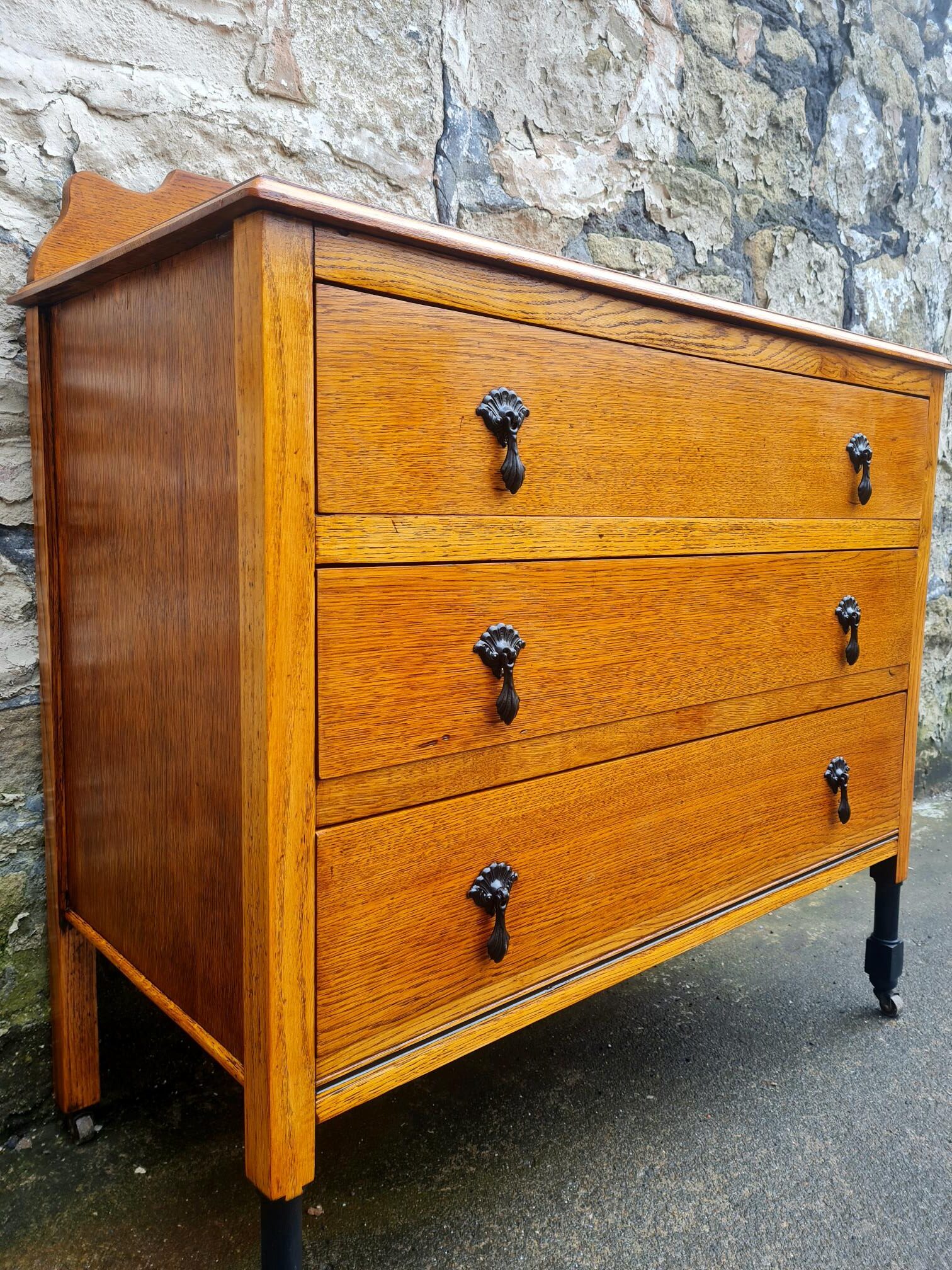 Vintage Oak Chest Of Drawers Three Drawer Cabinet Lovely Ebonised Detailing