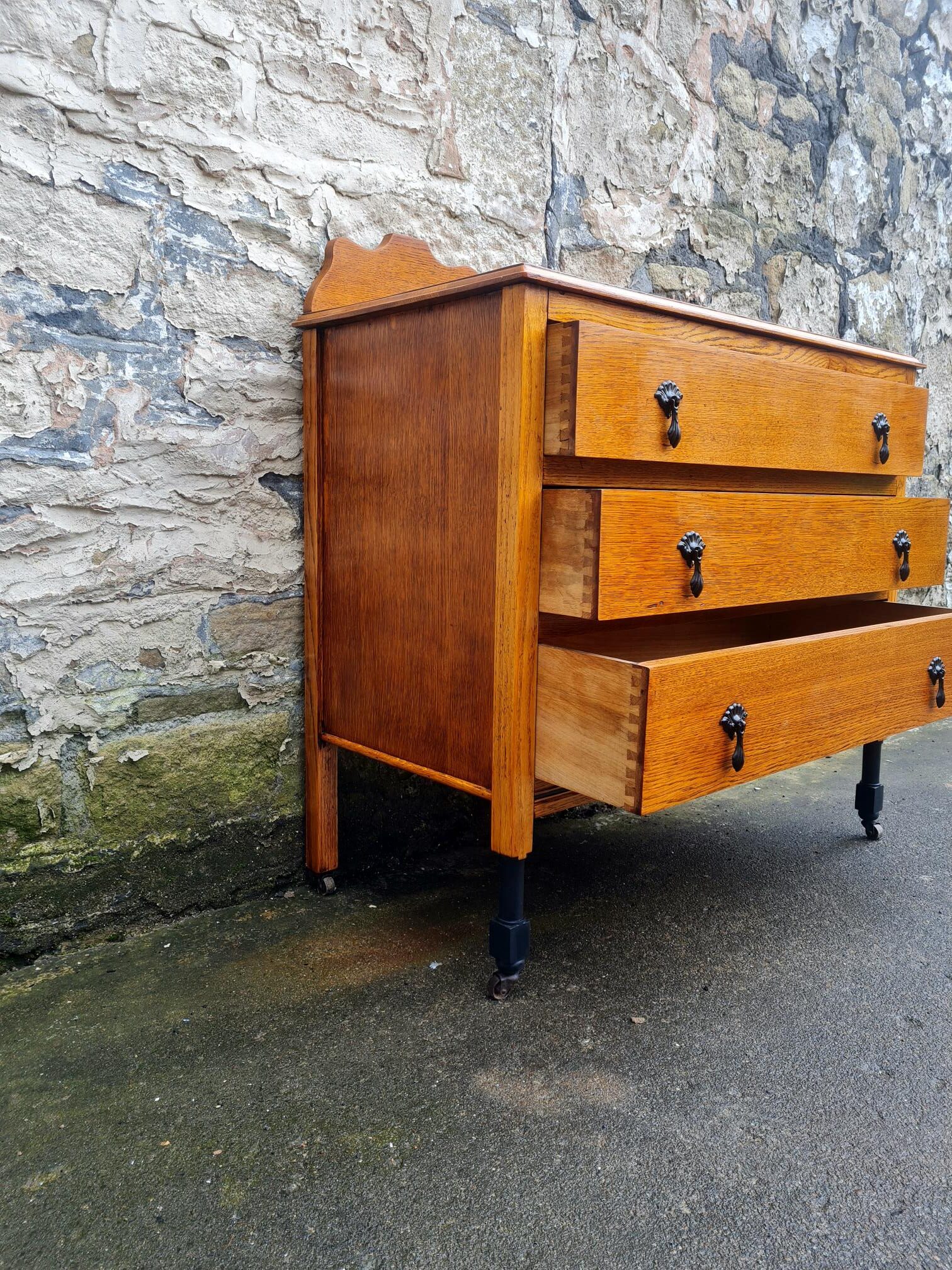 Vintage Oak Chest Of Drawers Three Drawer Cabinet Lovely Ebonised Detailing