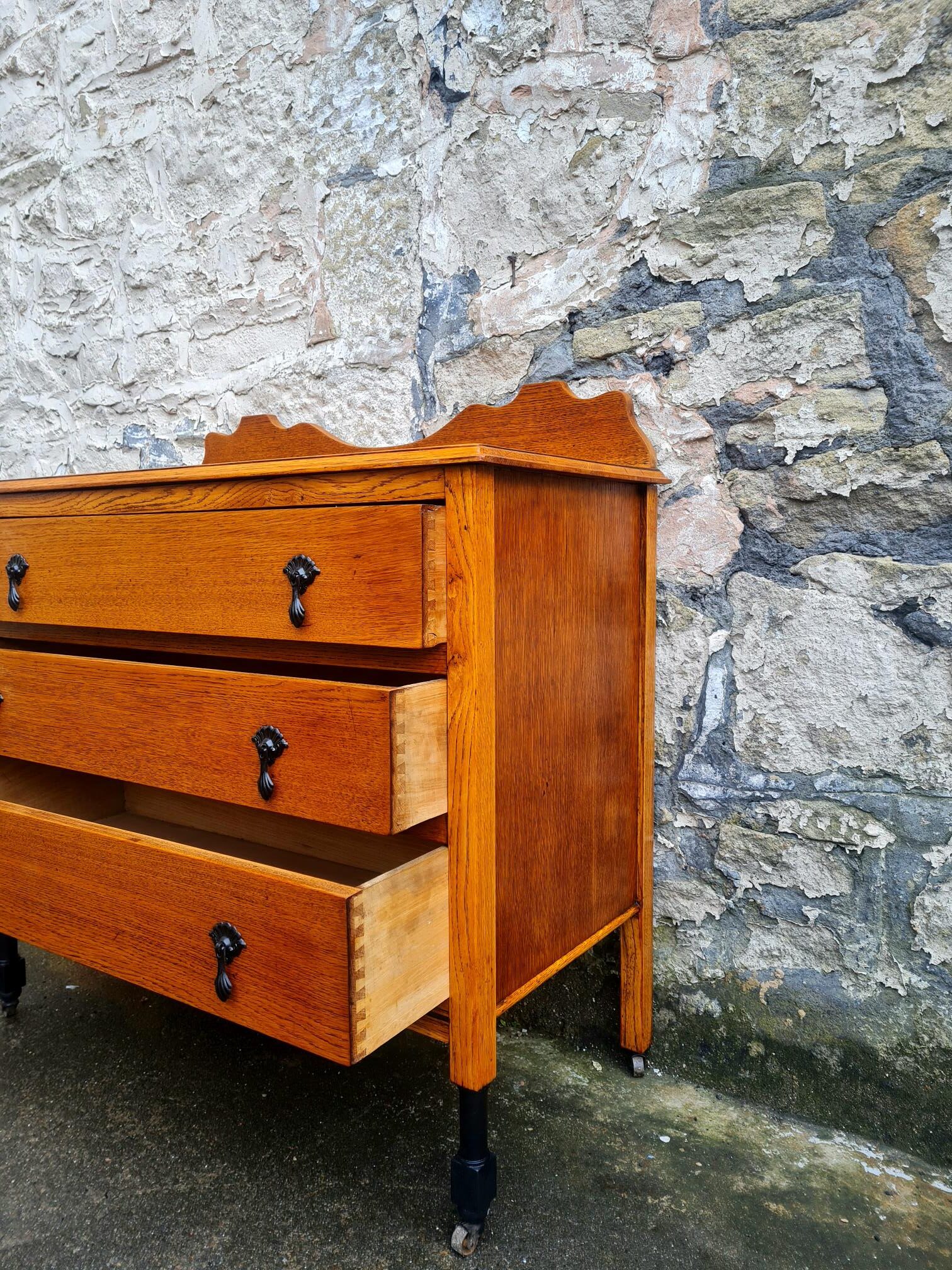 Vintage Oak Chest Of Drawers Three Drawer Cabinet Lovely Ebonised Detailing