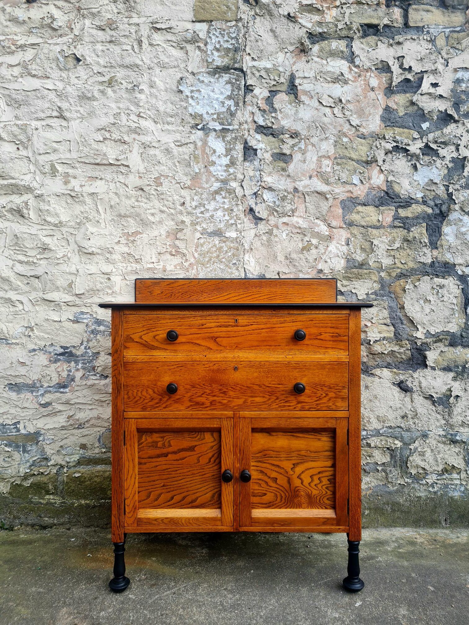 Vintage Chest Of Drawers Cabinet Oak And Ebonised Two Drawer Tall Large Super Proportions Beautiful Detailing