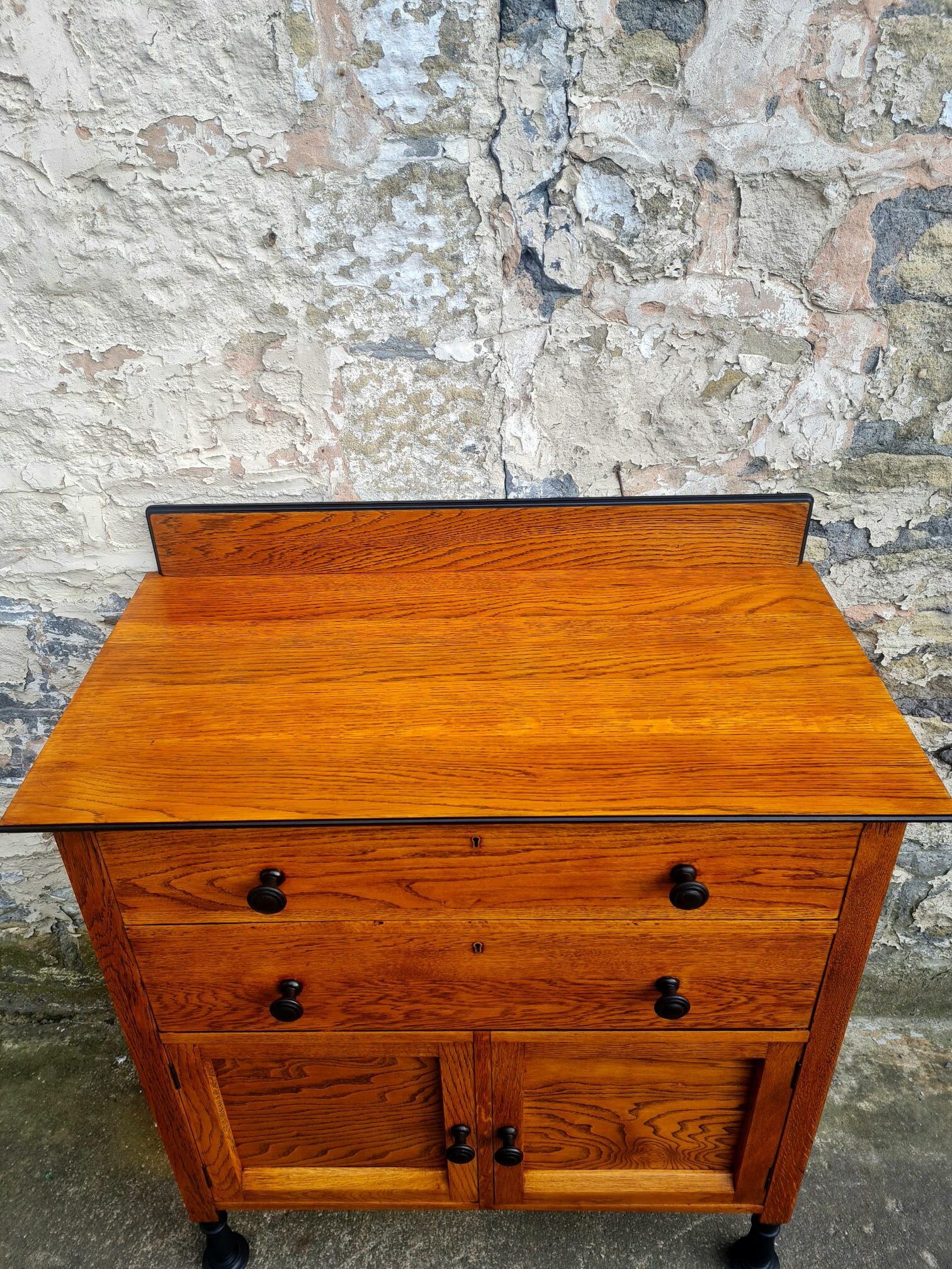 Vintage Chest Of Drawers Cabinet Oak And Ebonised Two Drawer Tall Large Super Proportions Beautiful Detailing