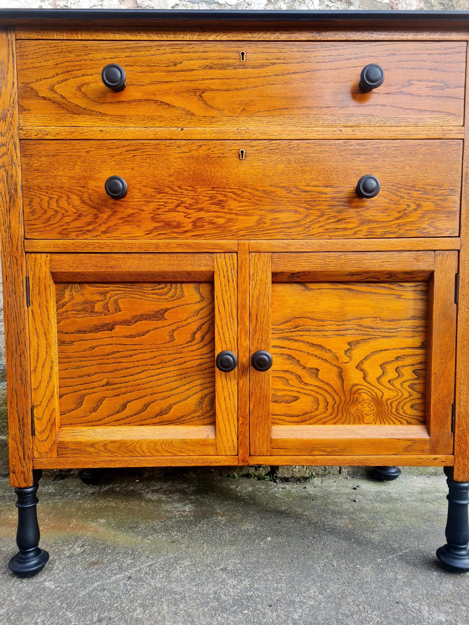 Vintage Chest Of Drawers Cabinet Oak And Ebonised Two Drawer Tall Large Super Proportions Beautiful Detailing