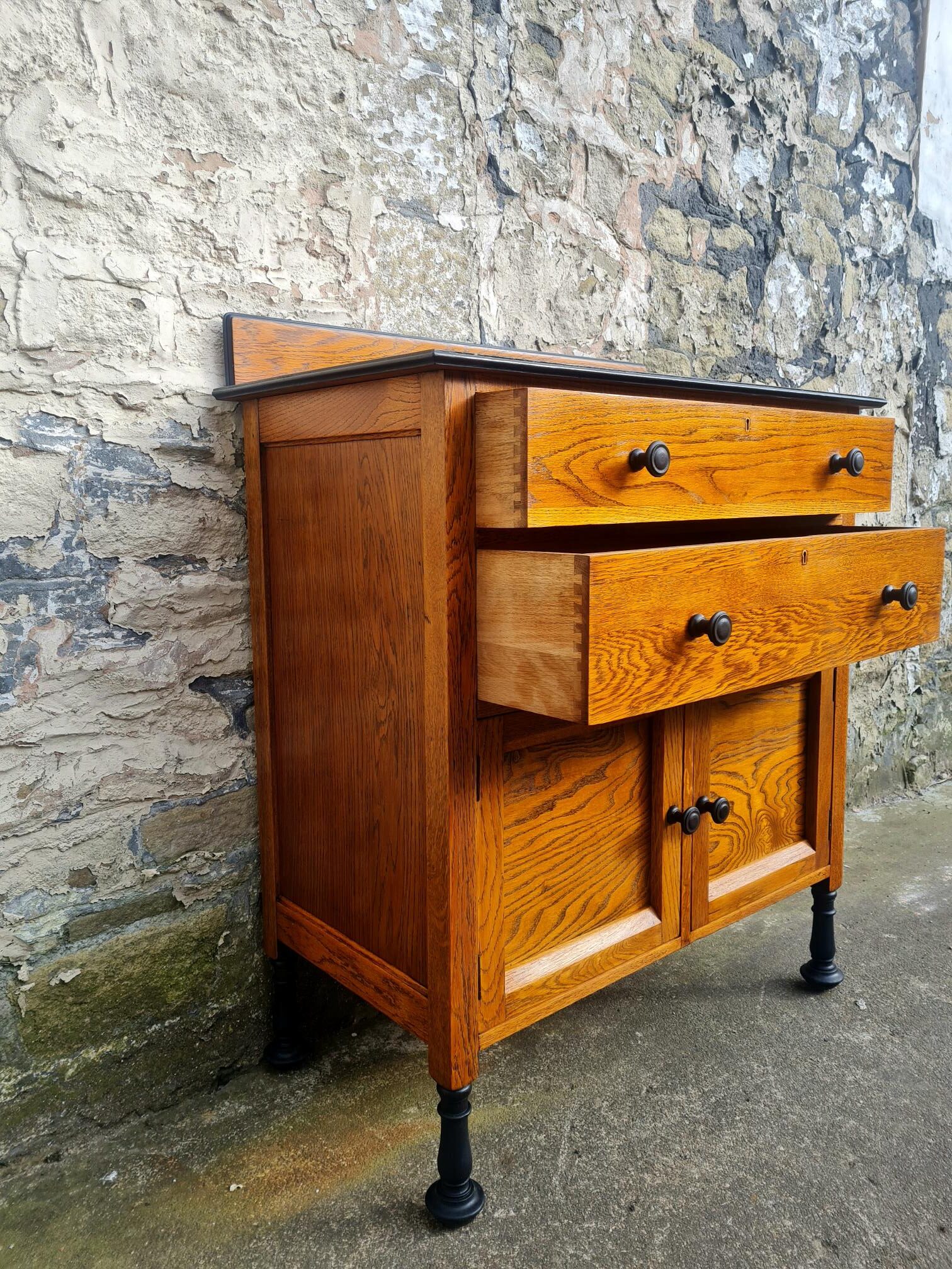 Vintage Chest Of Drawers Cabinet Oak And Ebonised Two Drawer Tall Large Super Proportions Beautiful Detailing
