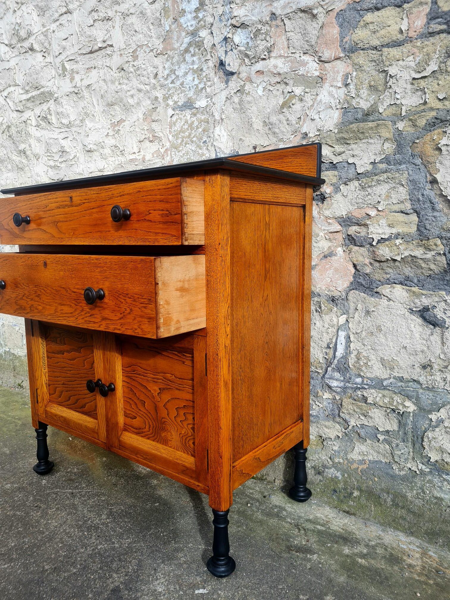 Vintage Chest Of Drawers Cabinet Oak And Ebonised Two Drawer Tall Large Super Proportions Beautiful Detailing