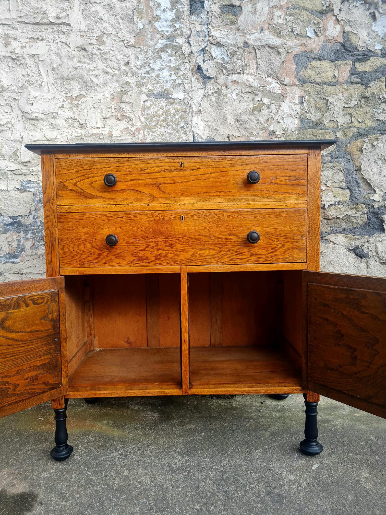 Vintage Chest Of Drawers Cabinet Oak And Ebonised Two Drawer Tall Large Super Proportions Beautiful Detailing